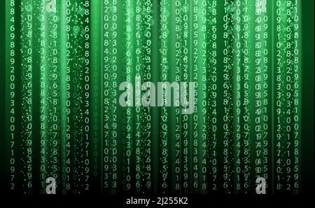 Technology abstract background, matrix style, green color, falling numbers. Digital binary data flow dust on screen. Programming concept, secure data Stock Vector