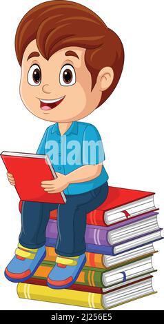 Cartoon little boy sitting and holding a book on a pile of books Stock Vector