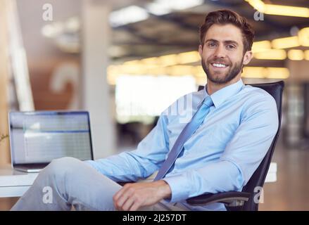 Busy building a brand. Portrait of a young businessman sitting at his desk in an office. Stock Photo