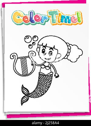 Worksheets template with color time text and mermaid outline illustration Stock Vector