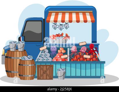 Flea market concept with food truck illustration Stock Vector