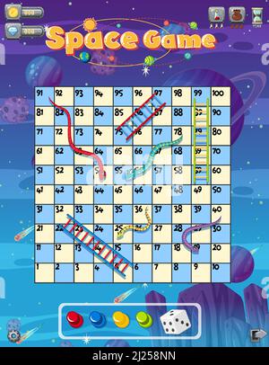 A snake ladder game template on space background illustration Stock Vector