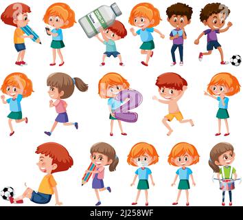 Set of children doing different activities on white background illustration Stock Vector