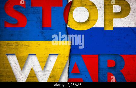 Ukrainian and Russian flags painted on wall Stop War text Sign Stock Photo