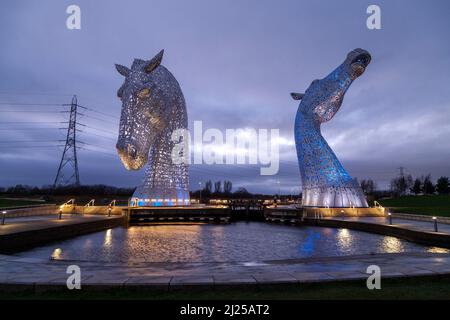 The Kelpies, giant horse head sculptures, at night. Stock Photo