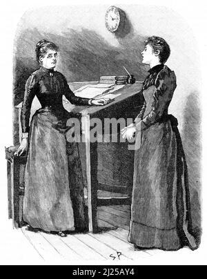 Engraving of two Victorian-era women discussing business records in a ledger, circa 1890 Stock Photo