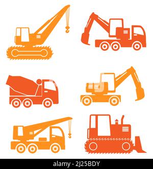 Construction Heavy Vehicle Icons In Orange Yellow Color Stock Vector