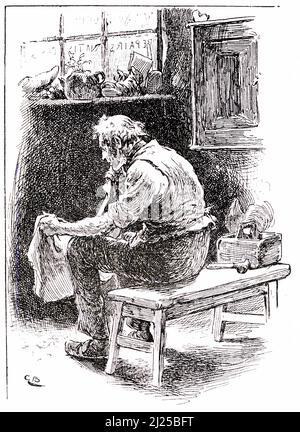 Engraving of an old man working on a piece of leathervto repair shoes, circa 1890 Stock Photo