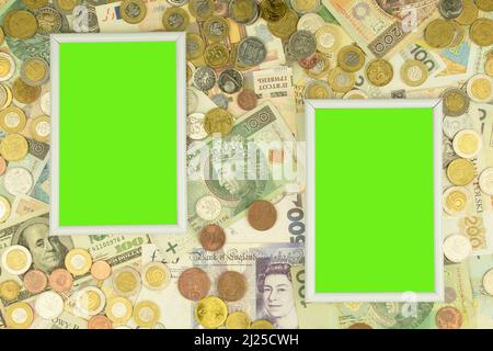 Paper money and coins from different countries and different denominations. Chroma key and background with copy space. Colorful paper money background Stock Photo