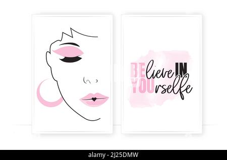 Believe in yourself, vector. Modern makeup artist poster design in two pieces. Wall art, artwork. Pretty woman illustration Stock Vector