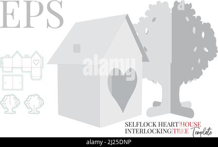 House box and interlock tree die cut template, vector. White clear blank house and tree mock up isolated on white background. Packaging design Stock Vector