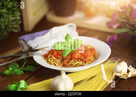 delicious Italian dish, spaghetti bolognese deliciously served Stock Photo