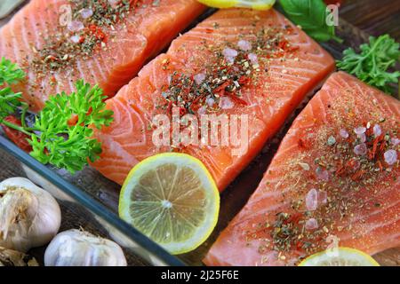 delicious and healthy salmon ready for baking Stock Photo
