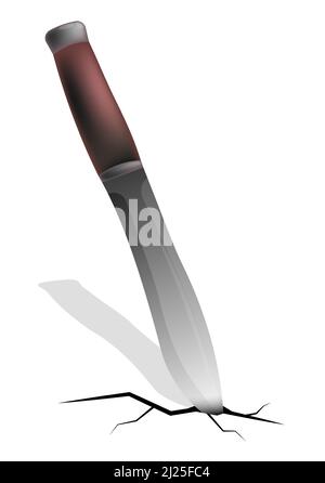 hunting knife stuck in ground with cracks. Cleavage from being stabbed into ground. Color vector concept isolated on white background Stock Vector