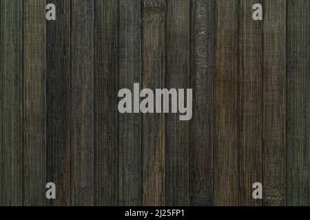 Macro texture of vertical lacquered bamboo wood planks with striped pattern. Background of greenish black bamboo boards. Interior design elemen. Stock Photo