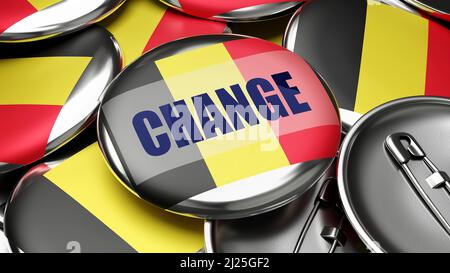 Change in Belgium - national flag of Belgium on dozens of pinback buttons symbolizing upcoming Change in this country. , 3d illustration Stock Photo