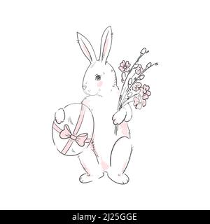 Easter Bunny with an egg,willow and flowers. Linear stock vector illustration isolated on white background,outline easter rabbit. Stock Vector