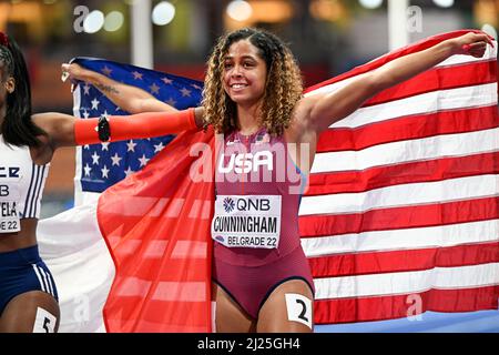 Gabriele Cunningham the EEUU flag at the Belgrade 2022 Indoor World Championships. Stock Photo