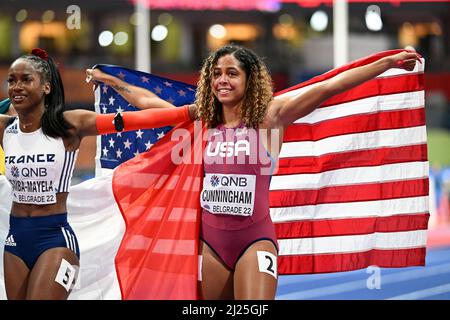 Gabriele Cunningham the EEUU flag at the Belgrade 2022 Indoor World Championships. Stock Photo