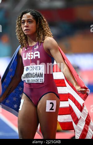 Gabriele Cunningham the EEUU flag at the Belgrade 2022 Indoor World Championships. Stock Photo