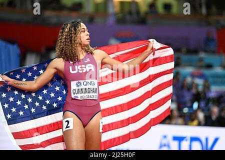 Gabriele Cunningham the EEUU flag at the Belgrade 2022 Indoor World Championships. Stock Photo