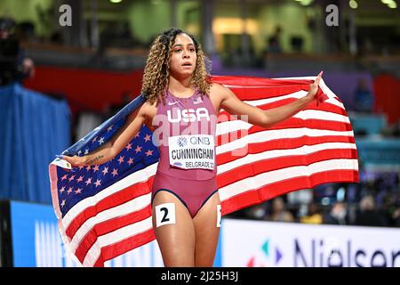 Gabriele Cunningham the EEUU flag at the Belgrade 2022 Indoor World Championships. Stock Photo