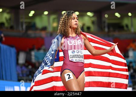 Gabriele Cunningham the EEUU flag at the Belgrade 2022 Indoor World Championships. Stock Photo