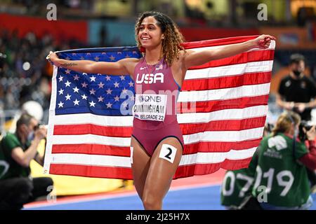 Gabriele Cunningham the EEUU flag at the Belgrade 2022 Indoor World Championships. Stock Photo