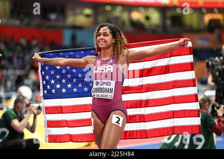 Gabriele Cunningham the EEUU flag at the Belgrade 2022 Indoor World Championships. Stock Photo