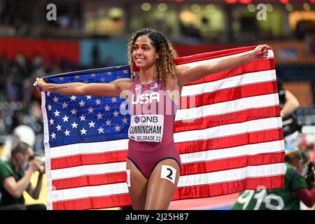 Gabriele Cunningham the EEUU flag at the Belgrade 2022 Indoor World Championships. Stock Photo