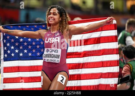 Gabriele Cunningham the EEUU flag at the Belgrade 2022 Indoor World Championships. Stock Photo