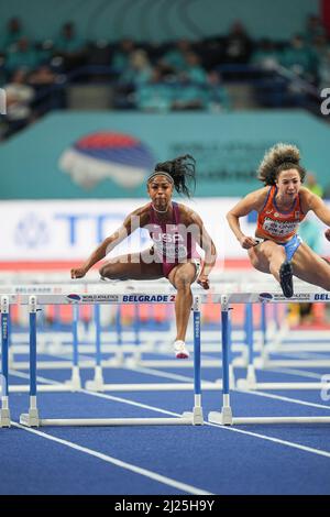 Alaysha Johnson participating in the Belgrade 2022 World Indoor Championships in the 60m hurdles. Stock Photo