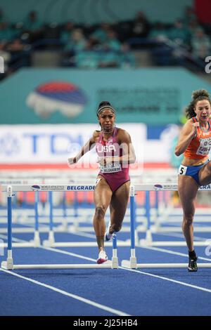 Alaysha Johnson participating in the Belgrade 2022 World Indoor Championships in the 60m hurdles. Stock Photo