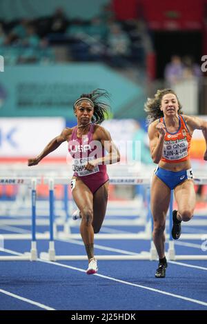 Alaysha Johnson participating in the Belgrade 2022 World Indoor Championships in the 60m hurdles. Stock Photo