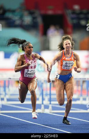 Alaysha Johnson participating in the Belgrade 2022 World Indoor Championships in the 60m hurdles. Stock Photo