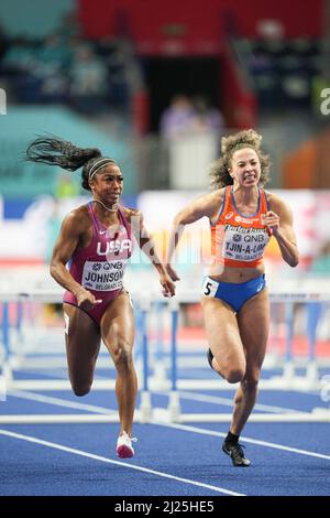 Alaysha Johnson participating in the Belgrade 2022 World Indoor Championships in the 60m hurdles. Stock Photo