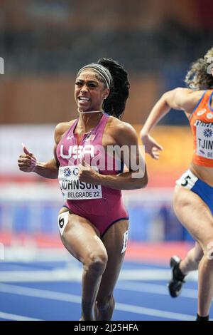 Alaysha Johnson participating in the Belgrade 2022 World Indoor Championships in the 60m hurdles. Stock Photo