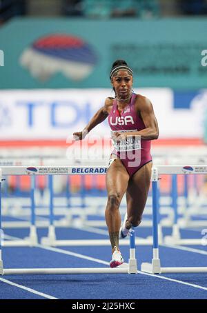 Alaysha Johnson participating in the Belgrade 2022 World Indoor Championships in the 60m hurdles. Stock Photo