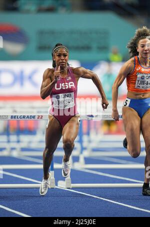 Alaysha Johnson participating in the Belgrade 2022 World Indoor Championships in the 60m hurdles. Stock Photo