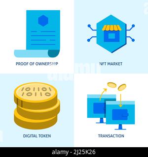 Digital money icon set in flat style. Transactions, NFT market, contract symbols. Vector illustration. Stock Vector