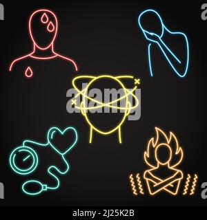 Neon illness symptoms icon set. Chills or heat sensations, sweating, nausea, dizziness and hypertension. Vector illustration. Stock Vector