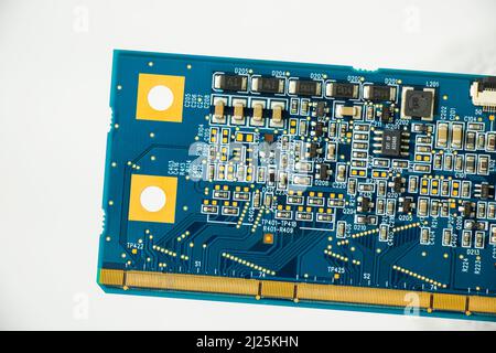 Electronic motherboard and isometric processor and microchip, Ukraine and Russian war theme Stock Photo