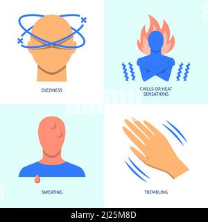 Illness symptoms icon set in flat style. Chills or heat sensations, sweating, dizziness and trembling. Vector illustration. Stock Vector