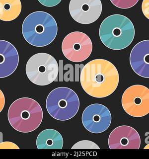 CD pattern. Retro 90s and 2000s seamless background with CD DVD discs. Mp3 music, films, data. Vector colorful flat illustration for 00s designs. Stock Vector