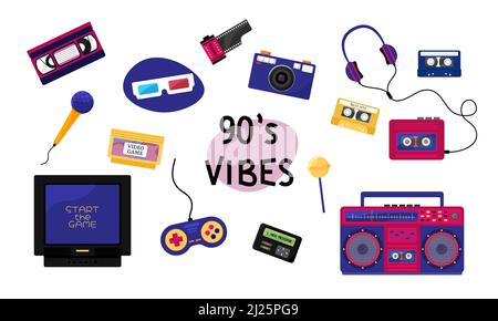 90s vibes set. Trendy 1990s elements collection. Retro technic, things, entertainment and music equipment isolated on white background. Back to 90s ve Stock Vector