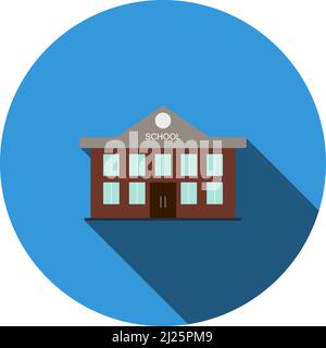 School Building Icon. Flat Circle Stencil Design With Long Shadow. Vector Illustration. Stock Vector