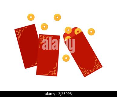 Hongbao red envelopes. Chinese festive traditional gift with coins, money for New Year, birthday, wedding and other holidays in China. Vector flat ill Stock Vector