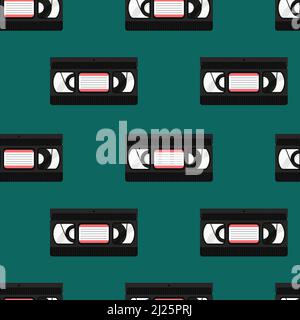 90s VHS pattern. Retro seamless background with video tapes. VHS cassettes isolated. Vector flat illustration for designs, backdrop, textile, fabric. Stock Vector