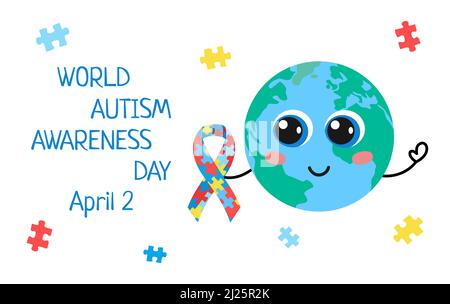 World Autism Awareness Day. Cute Earth planet holds awareness ribbon with puzzles. Vector poster, banner. April 2 Autism day text. Vector flat illustr Stock Vector