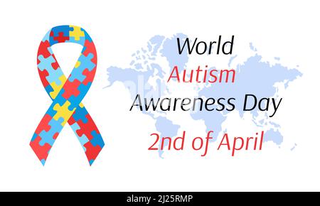 World Autism Awareness Day. Vector poster, banner. April 2 Autism day. Awareness ribbon with puzzles, text and world map. Vector flat illustration. Stock Vector